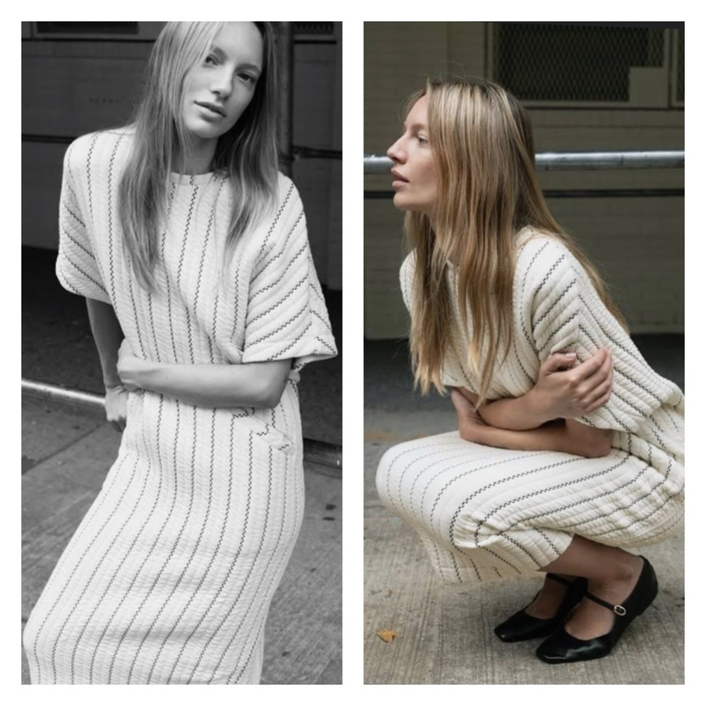 Zara Cream Knit Midi Dress with Black Pinstripes